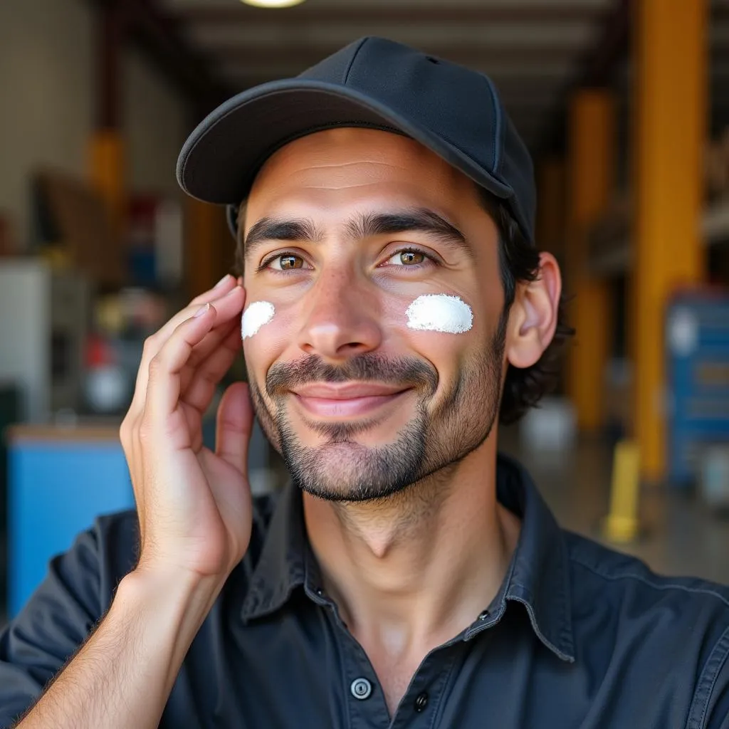 Mechanic applying sunscreen