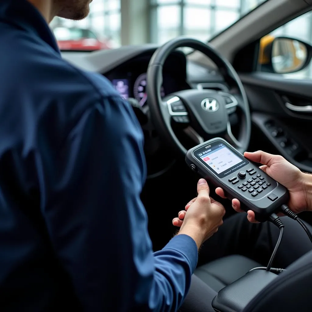 Mechanic connecting a diagnostic scanner to a Hyundai Sonata's OBD port