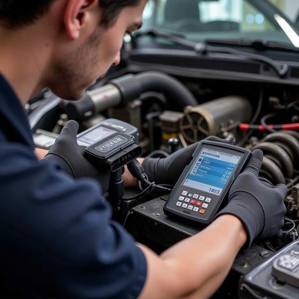 Mechanic Using a Scanner on a 2003 Mitsubishi Eclipse