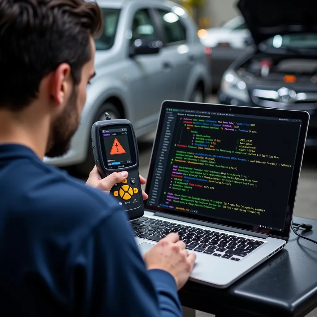 Mechanic Diagnosing Car Issue Using a Laptop