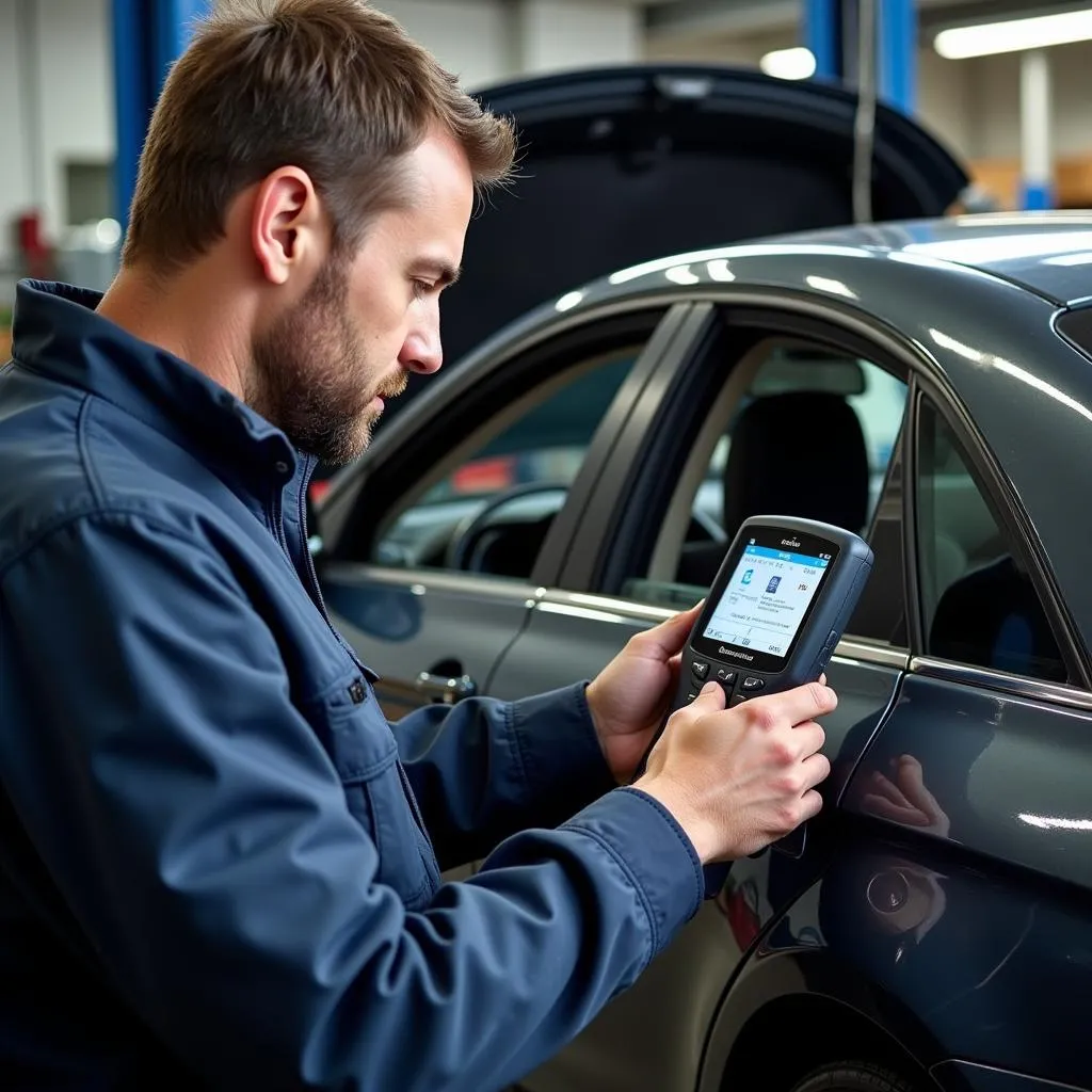 Mechanic diagnosing car problems using a Bellcross scanner