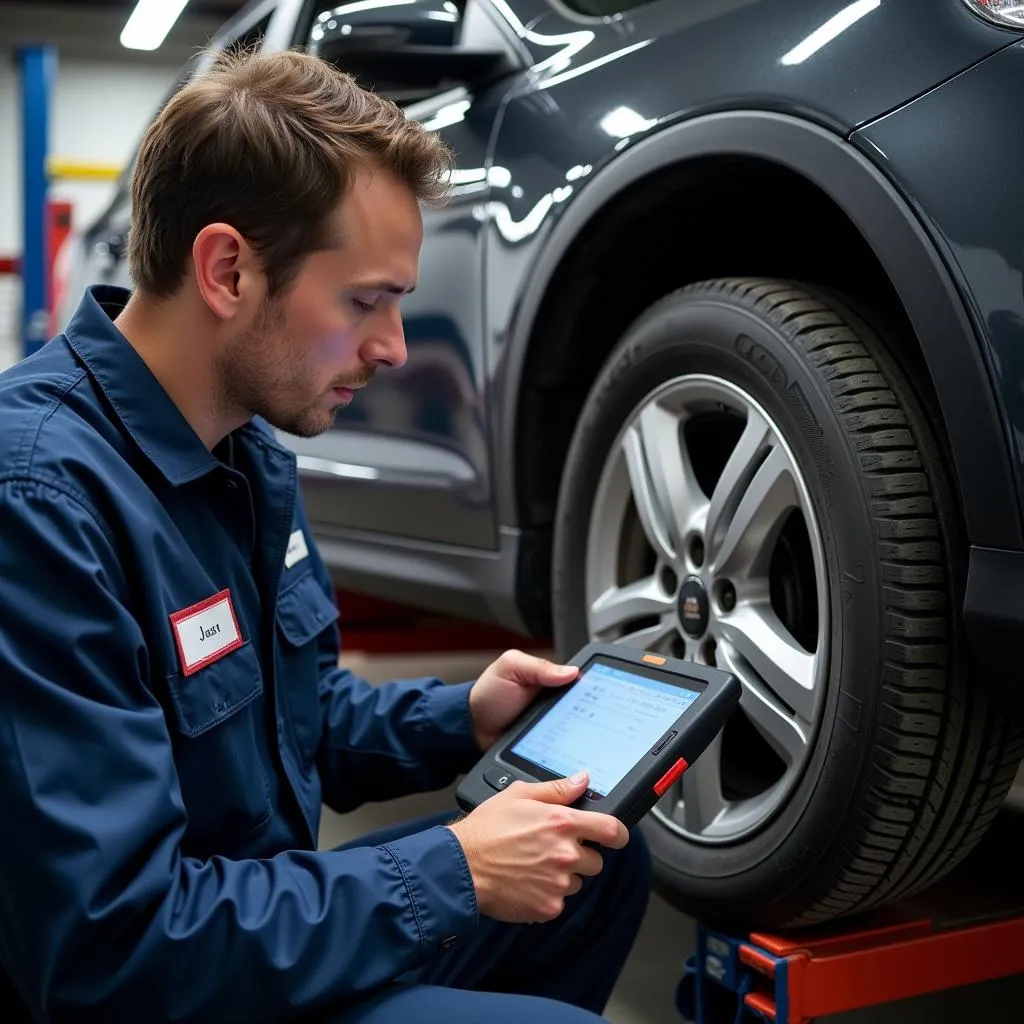 Mechanic Diagnosing Car with Scanner