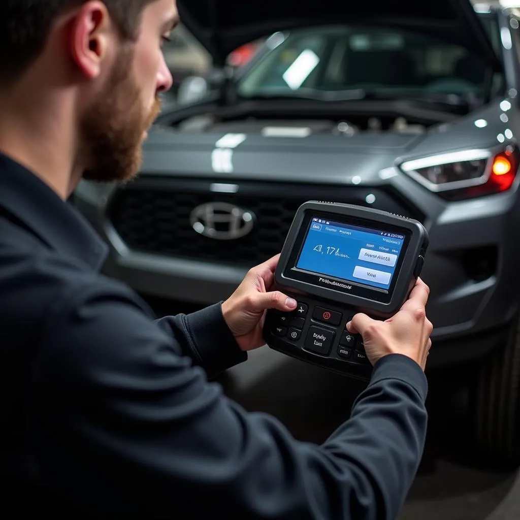 Mechanic Diagnosing Car with Scanner