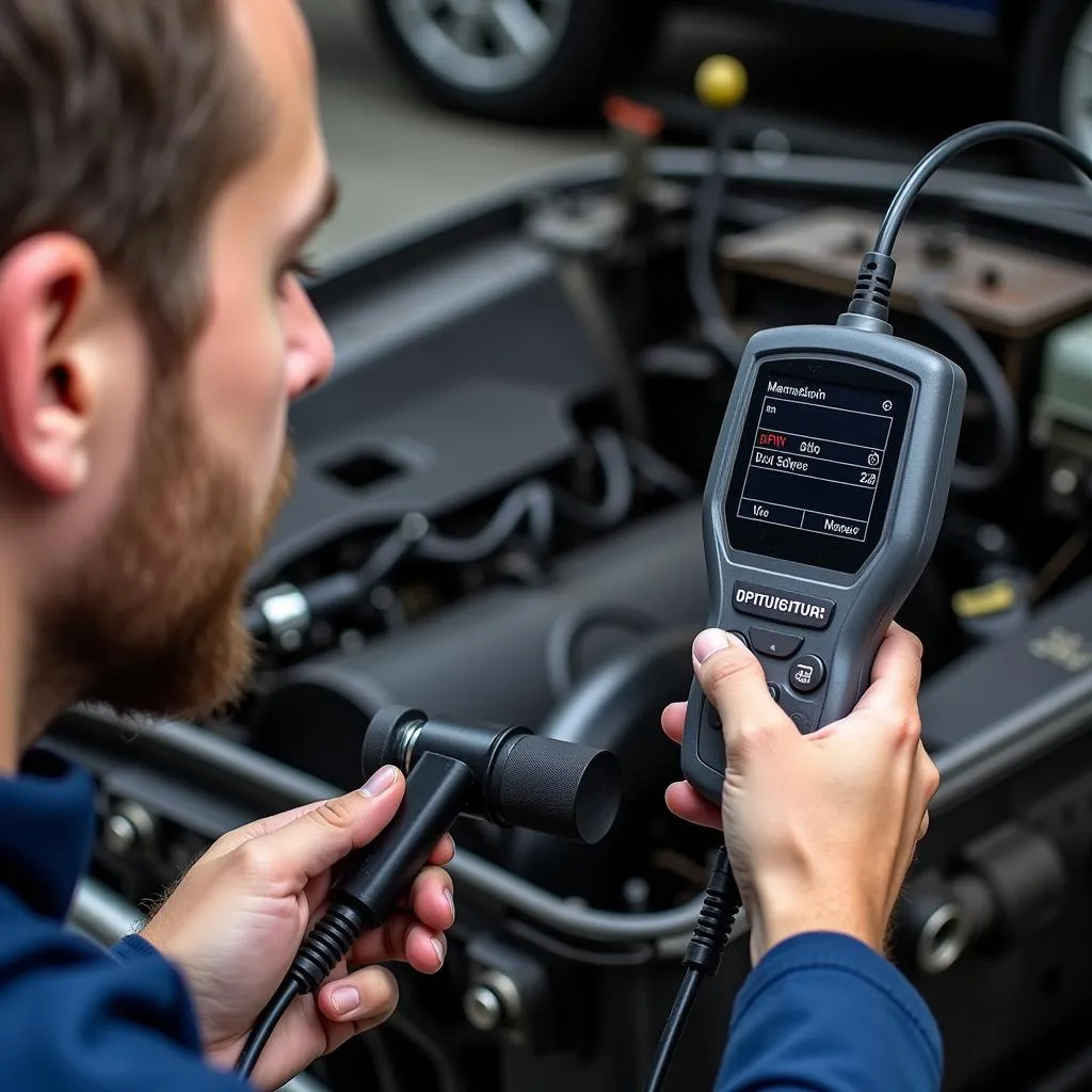 Mechanic using a diagnostic tool on a non-running car