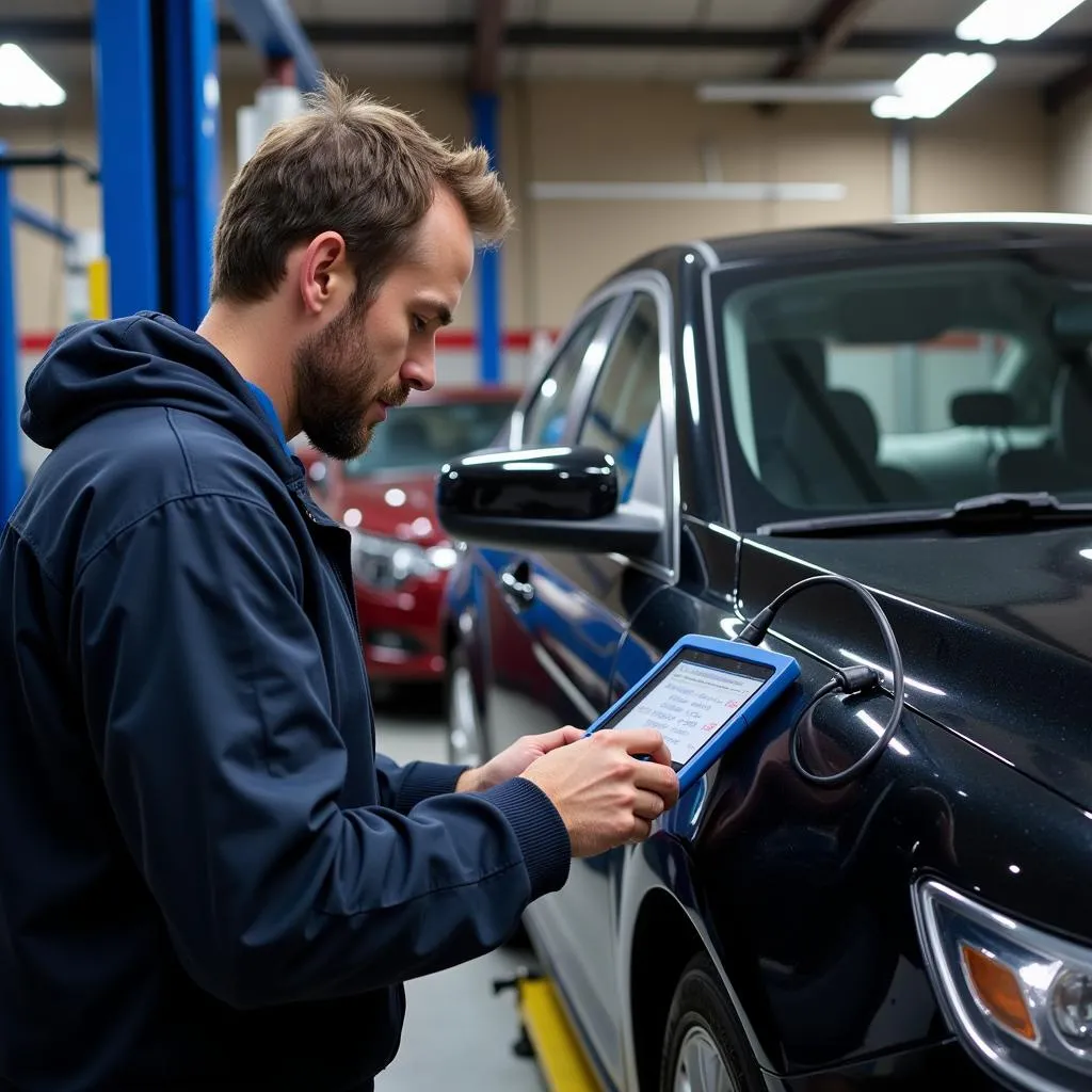 Mechanic Using Diagnostic Equipment on a Ford Taurus