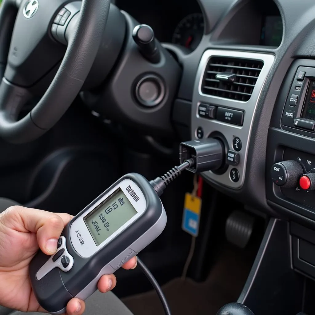 Mechanic diagnosing a Hyundai Sonata with an OBD-II scanner