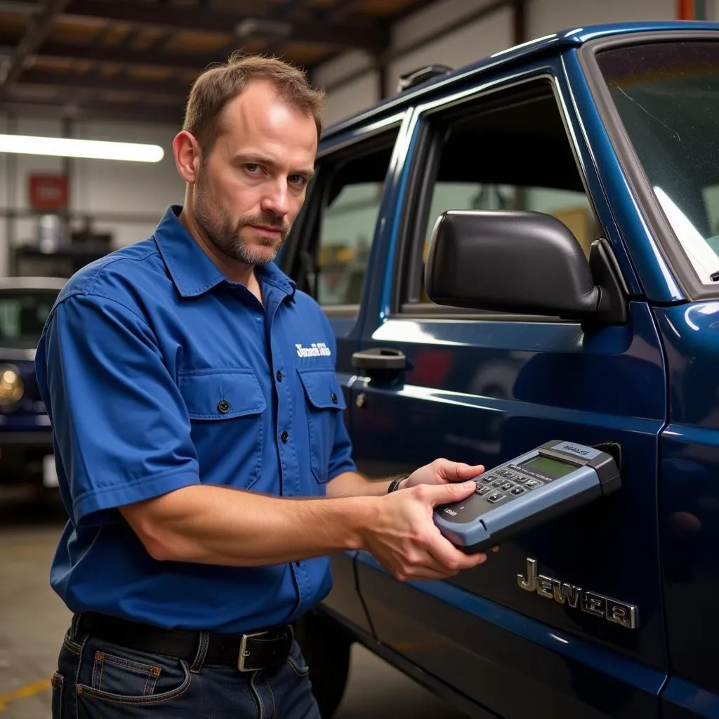 Mechanic Inspecting 1996 Jeep Cherokee Engine