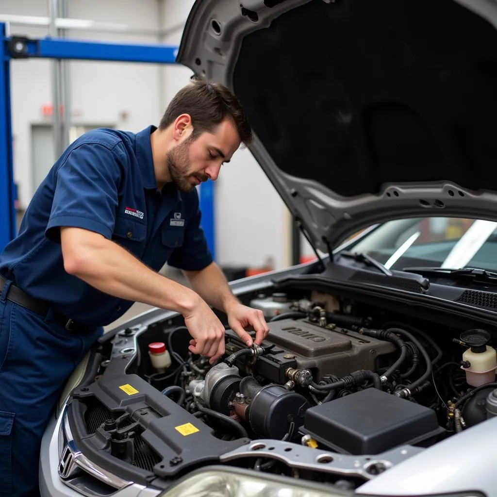 Mechanic Inspecting 2000 Honda Accord Engine