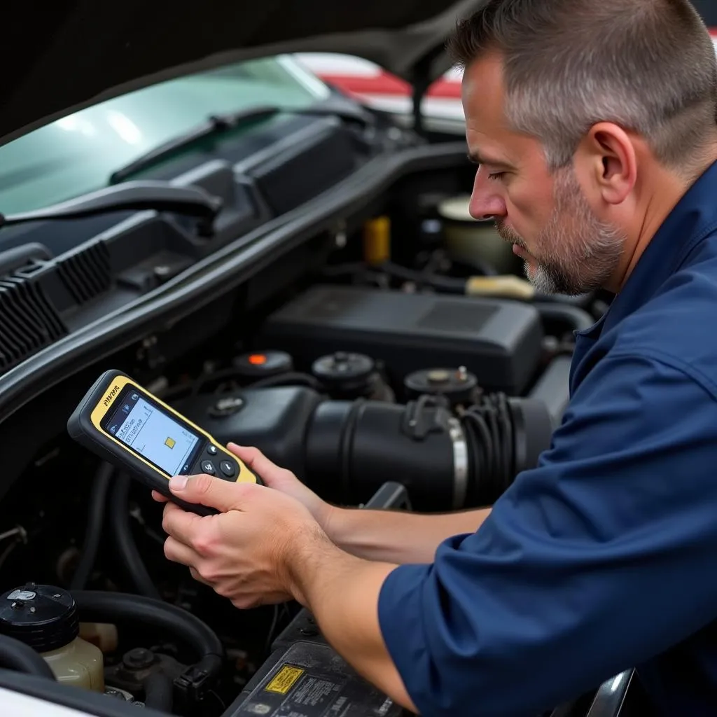 Mechanic Inspecting 2001 Chevy Silverado Engine