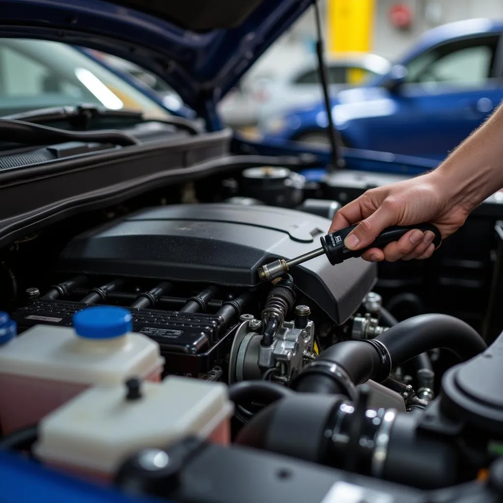 Mechanic Inspecting Car AC System