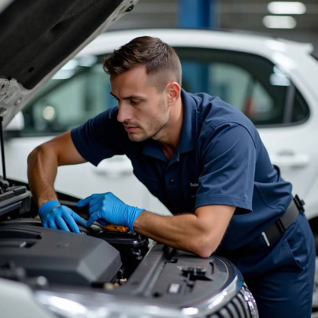 Mechanic inspecting car engine with diagnostic tool