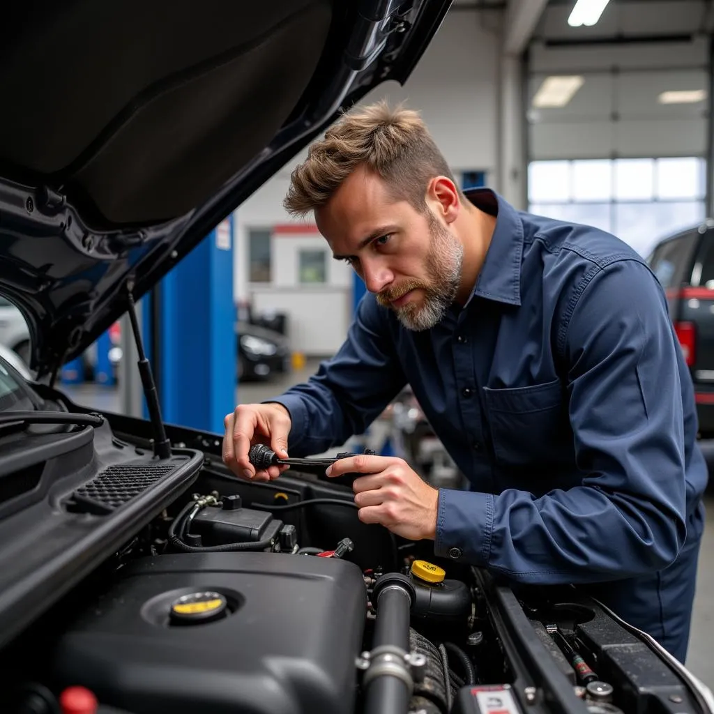 Mechanic inspecting a car engine for issues