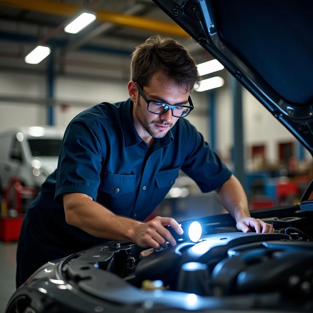 Mechanic Inspecting Car Engine in Repair Shop