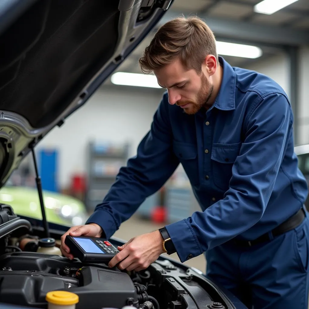 Mechanic Inspecting a Car Engine