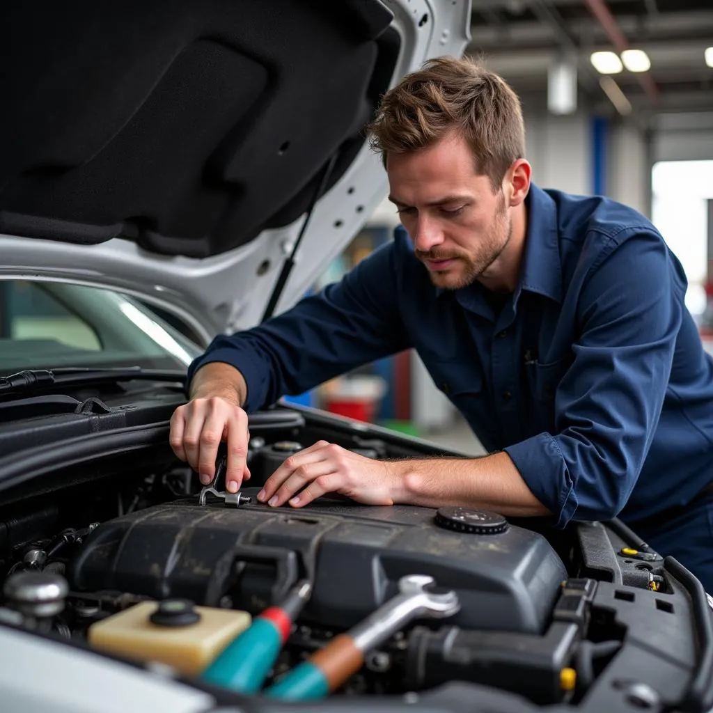 Mechanic inspecting car engine for overheating