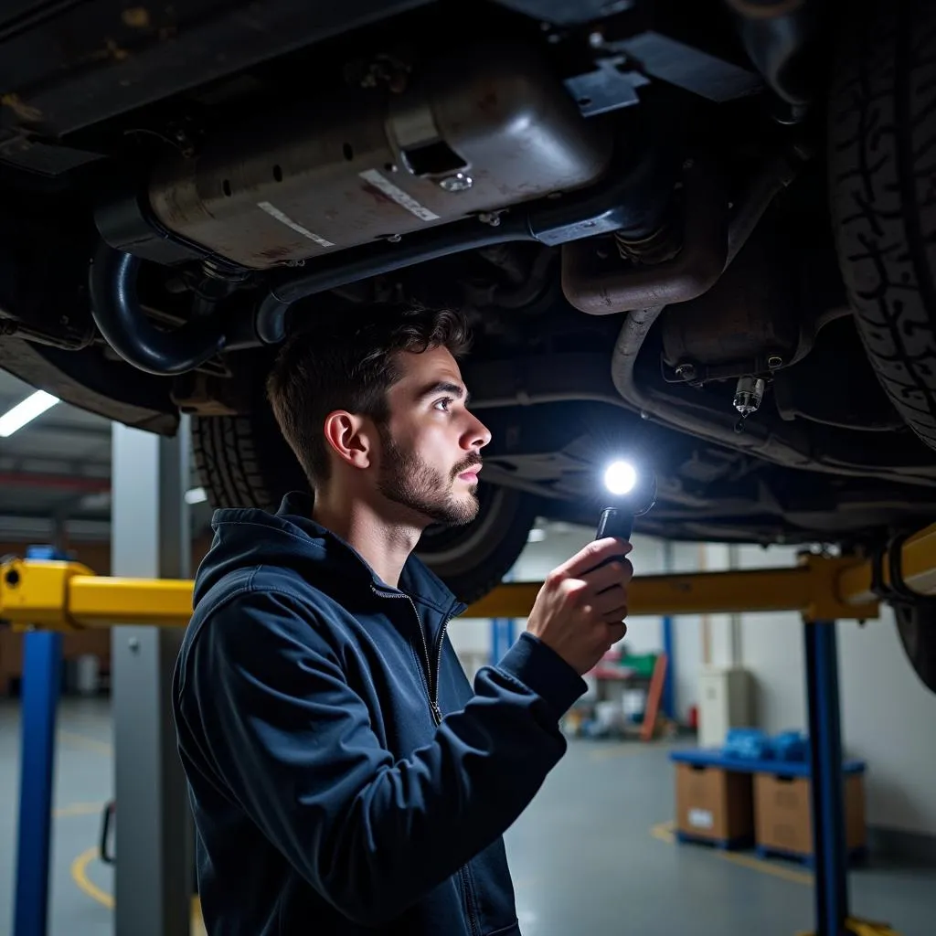 Mechanic inspecting car for fluid leaks