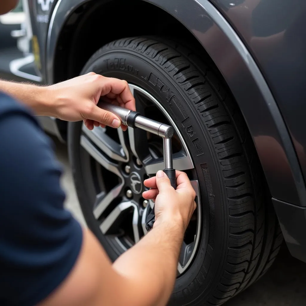 Mechanic Inspecting Car Wheel Lug Nuts