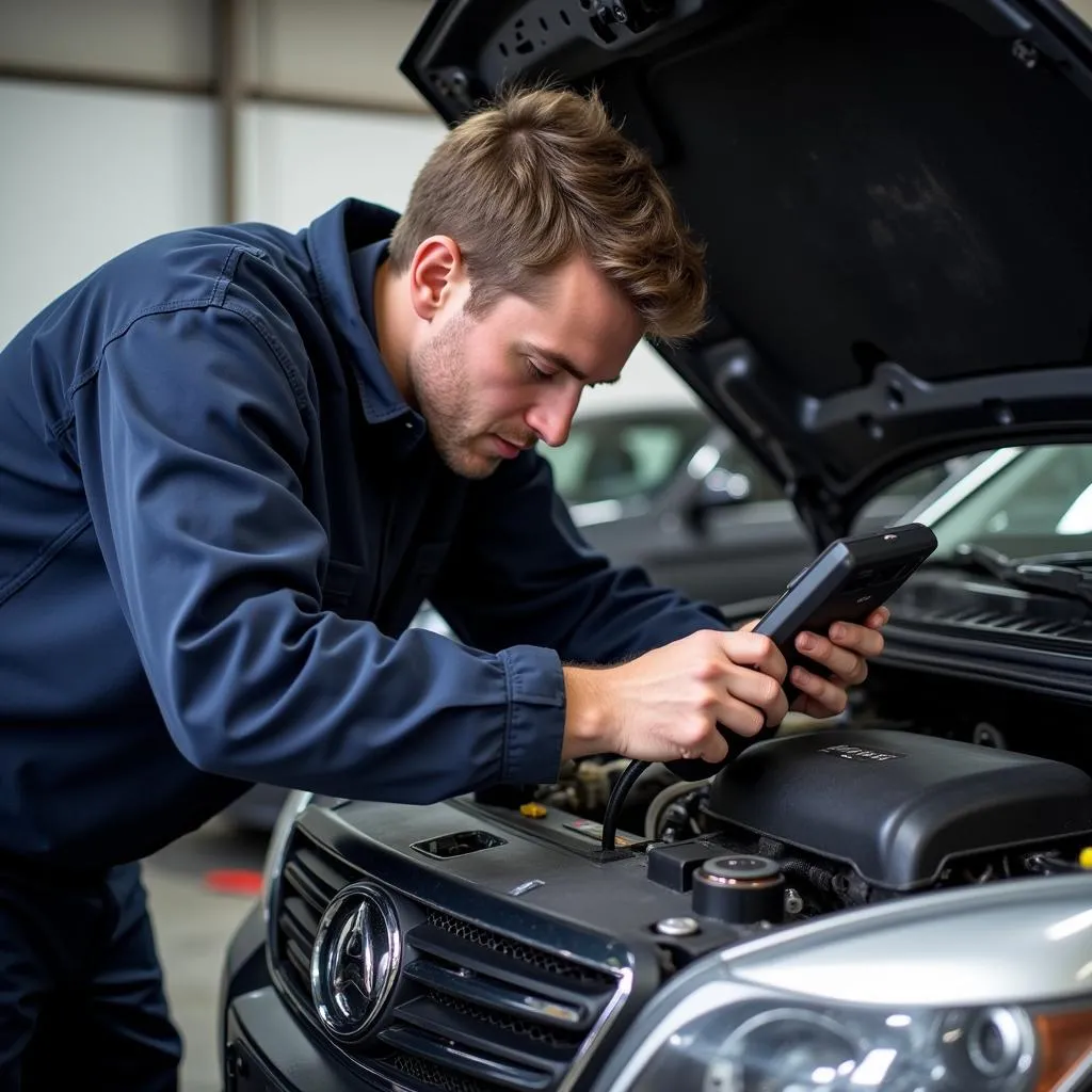 Mechanic inspecting car's OBD port