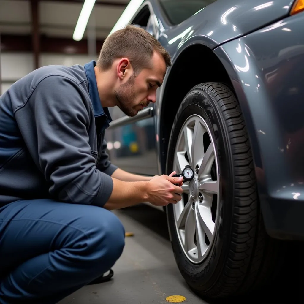 Mechanic checking tire pressure using a gauge