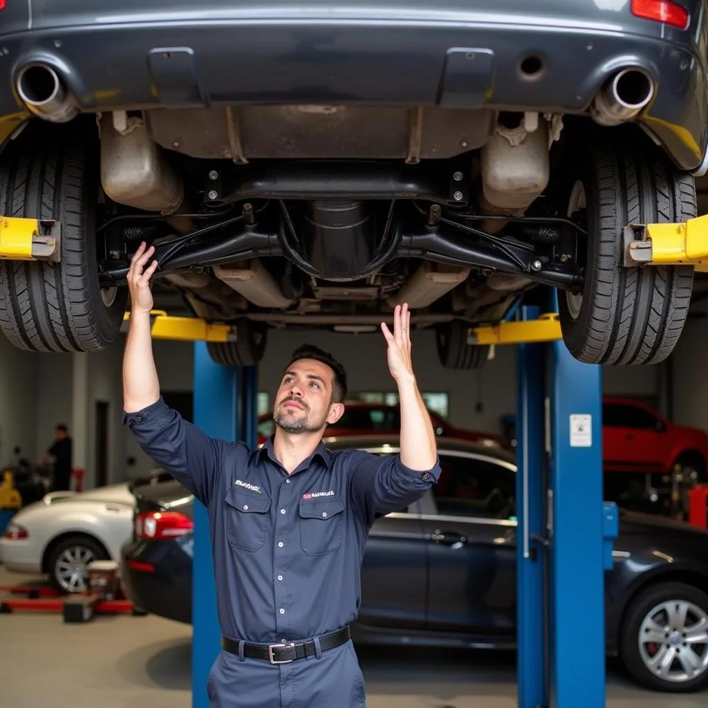 Mechanic Inspecting Undercarriage of European Car