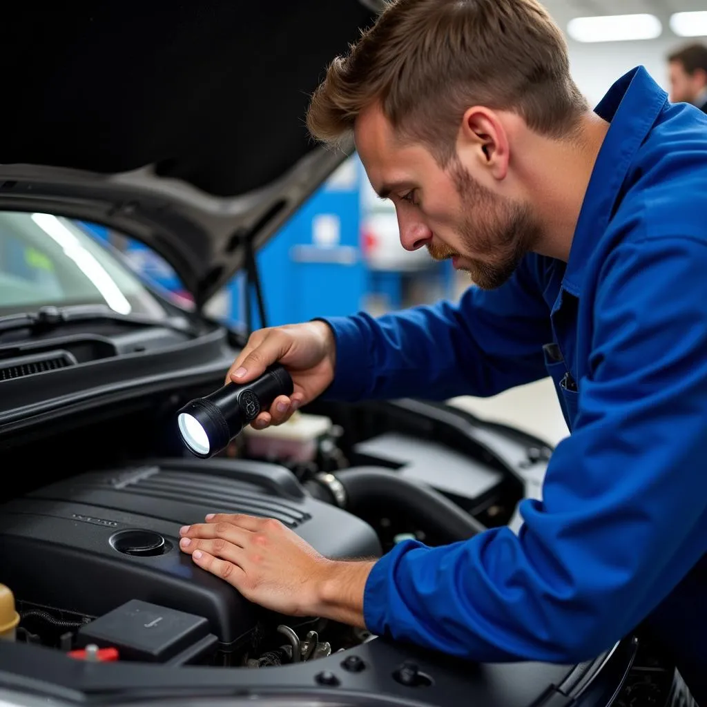 Mechanic Inspecting a Used Car Engine