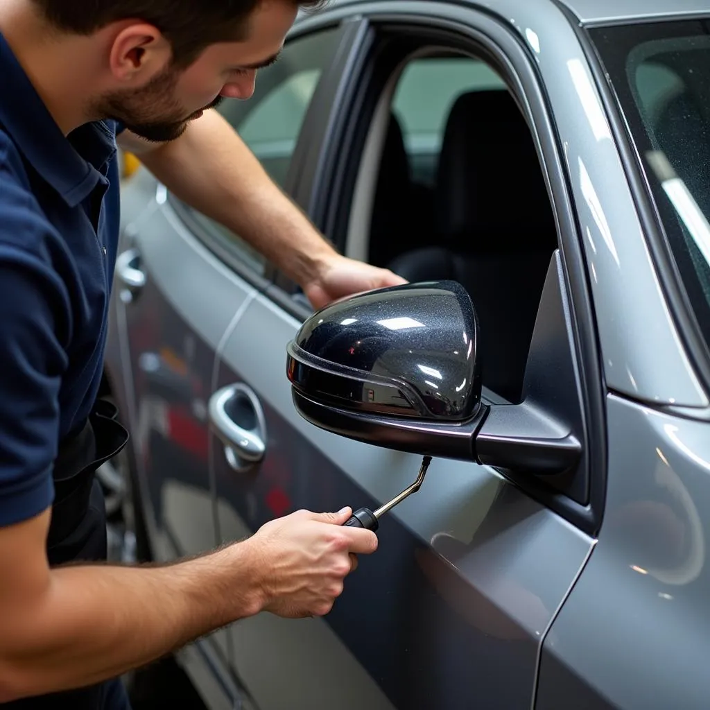 Mechanic installing a heated mirror on a car