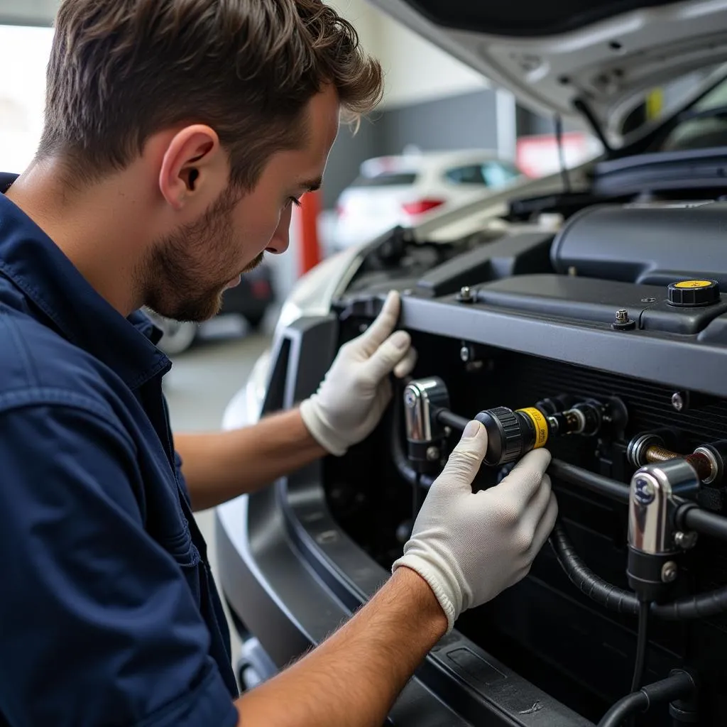 Mechanic checking refrigerant levels during a car AC inspection