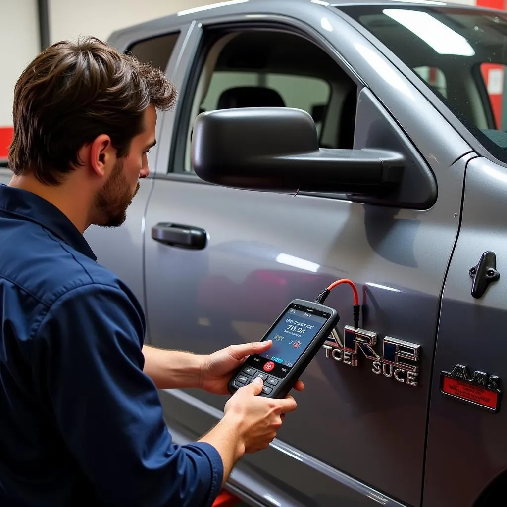 Mechanic Diagnosing a Dodge Ram with a Professional Scanner