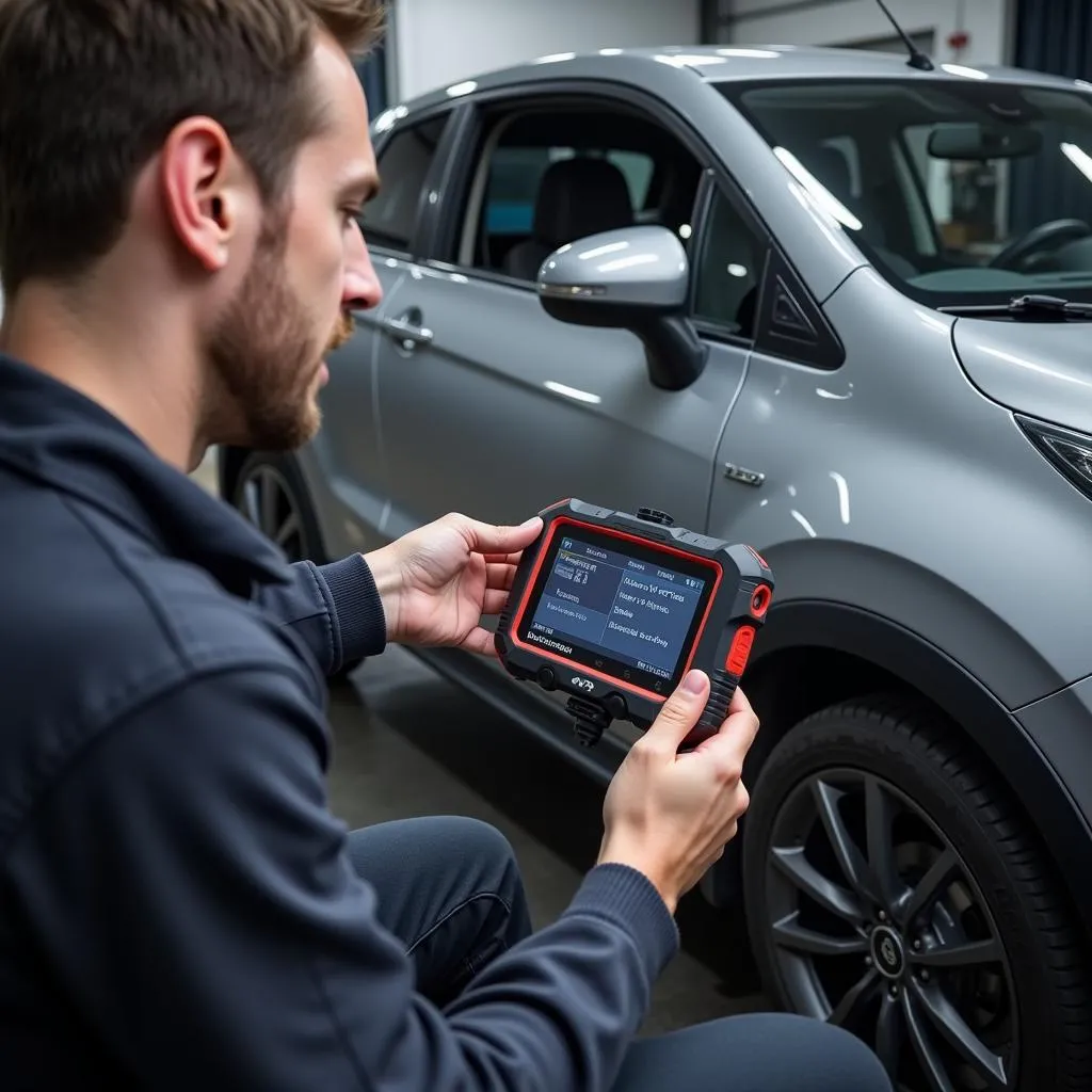 Mechanic using AATOOL Auto OBD scanner in a workshop