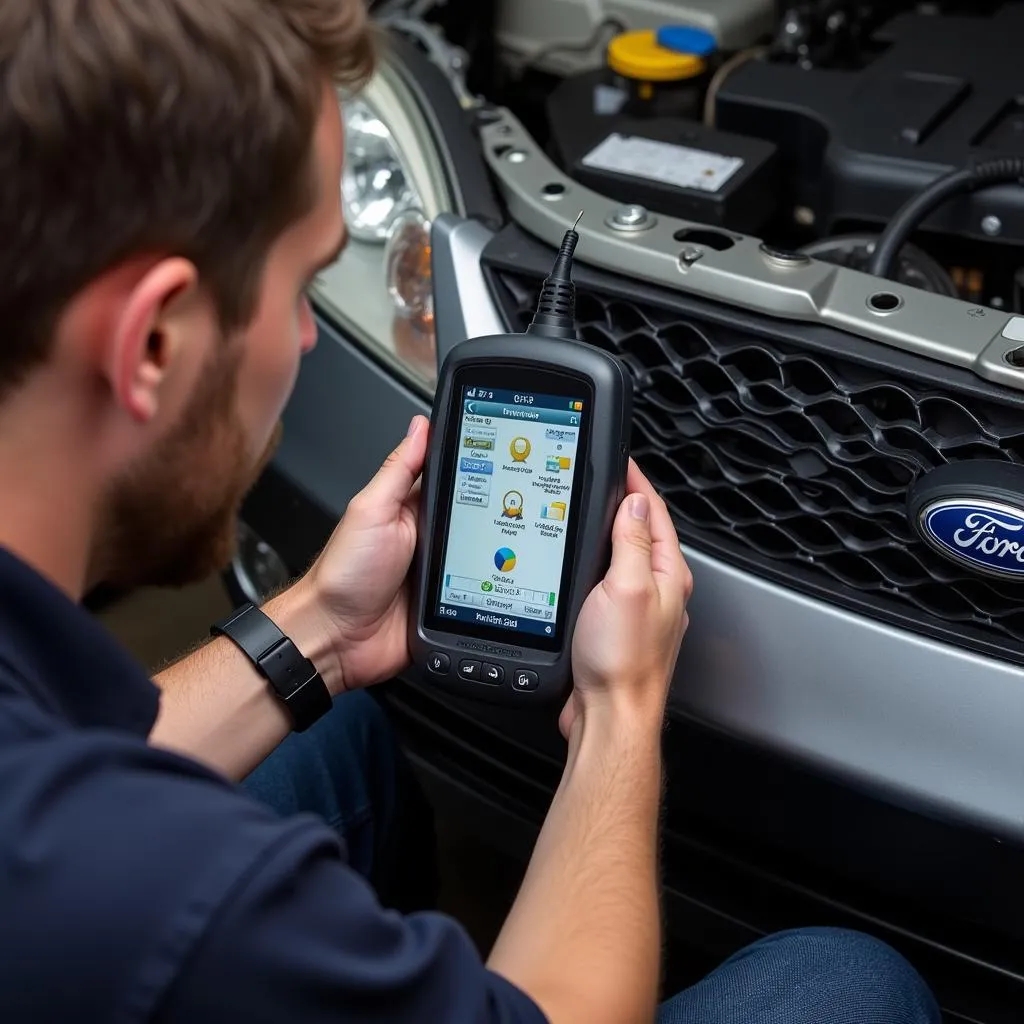 Mechanic Utilizing an Advanced OBD-II Scanner on a 2007 Ford Focus