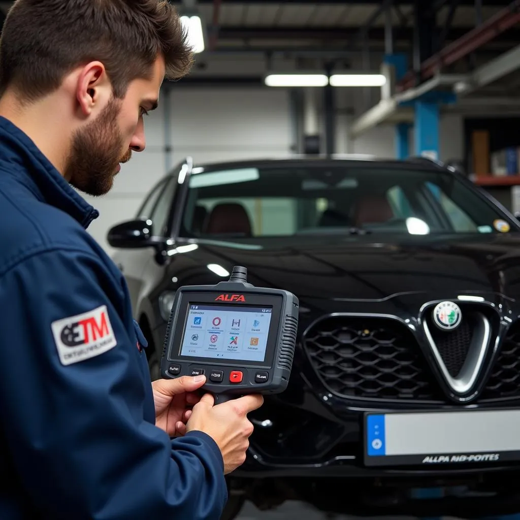 Professional Mechanic Diagnosing Alfa Romeo