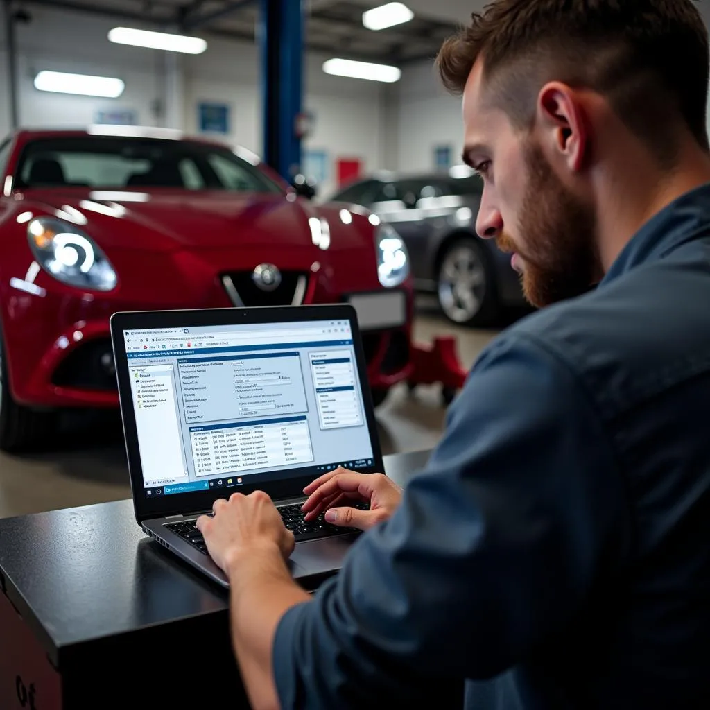 Mechanic Using Alfa Romeo Diagnostic Software on Laptop