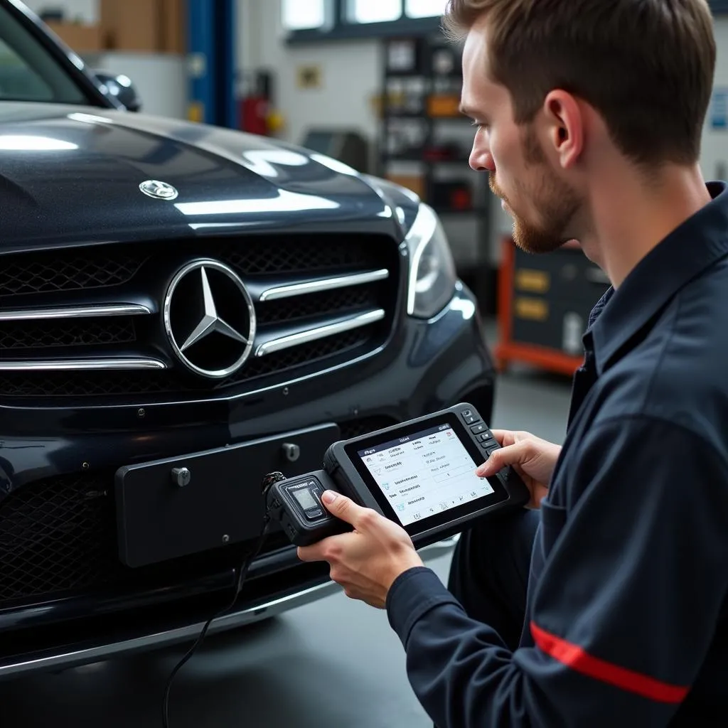 Mechanic using a Benz key programmer OBD to diagnose a car.