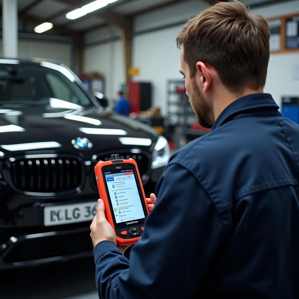 Mechanic using cansniffer OBD in a workshop