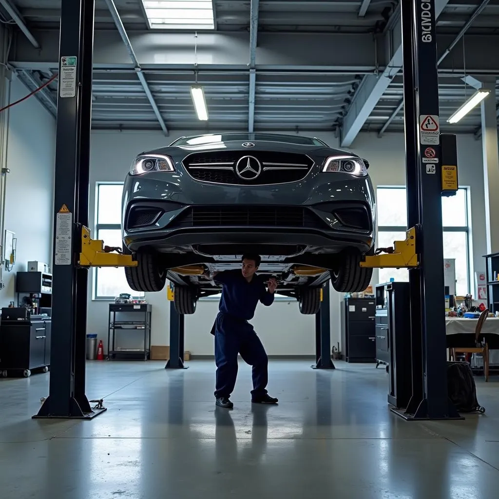 Mechanic Working on Car Lift