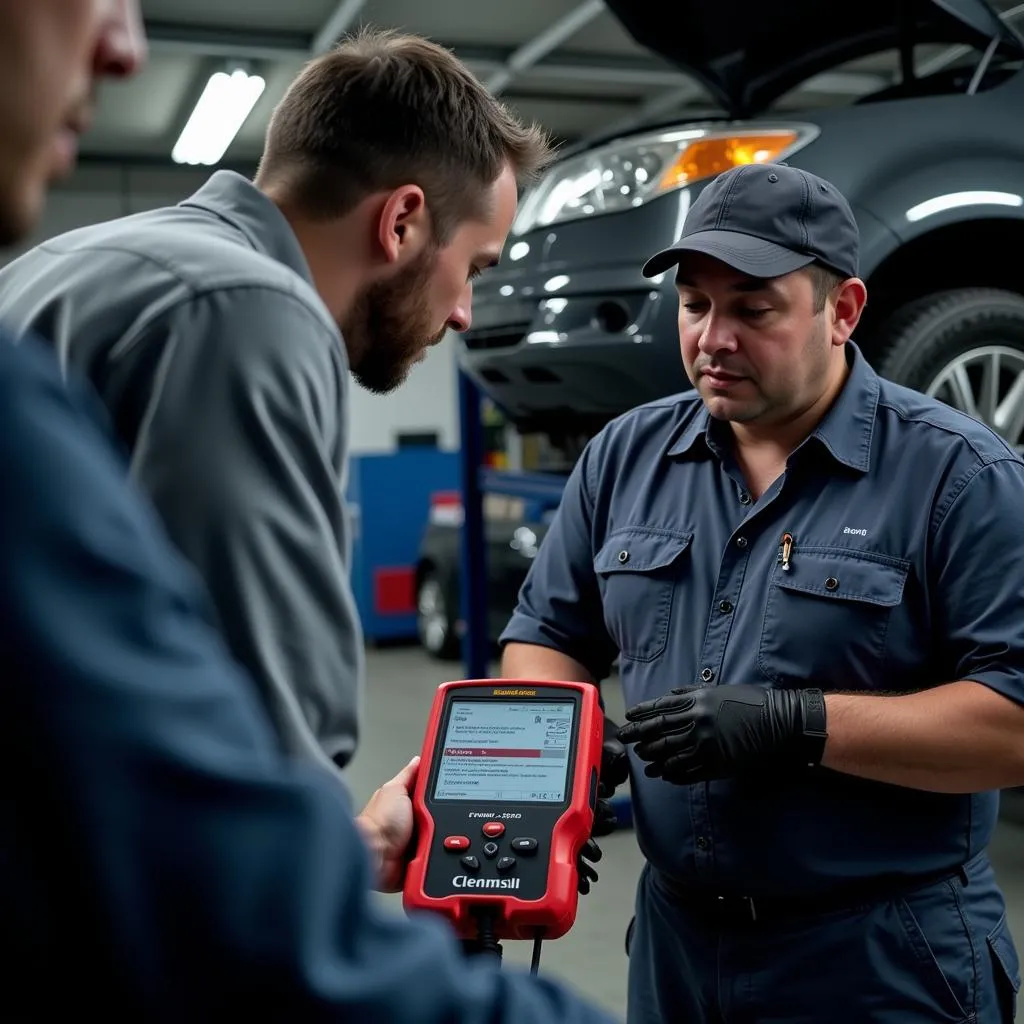 Mechanic using the CWM 300 OBD Module for car diagnostics in a professional workshop.