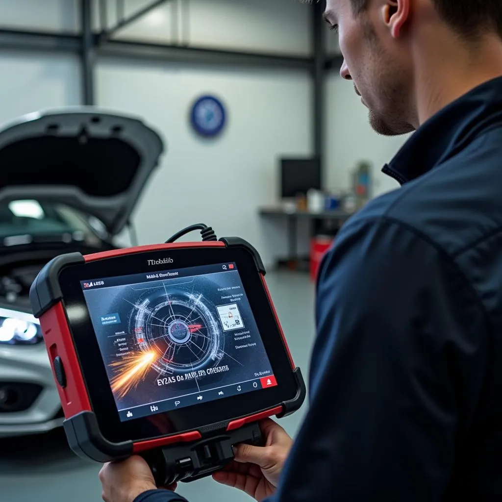 Mechanic using a dealer-level scanner on a European car