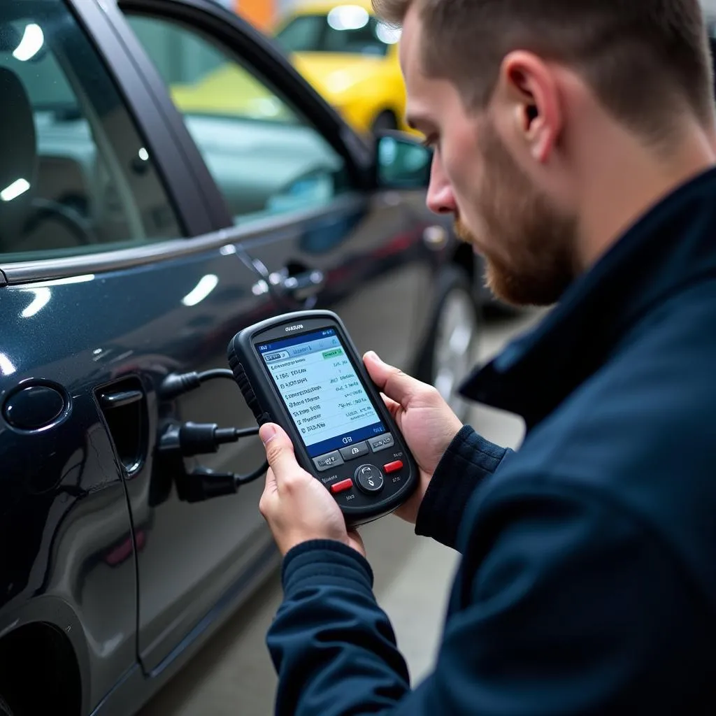 Mechanic Diagnosing Car with Scanner