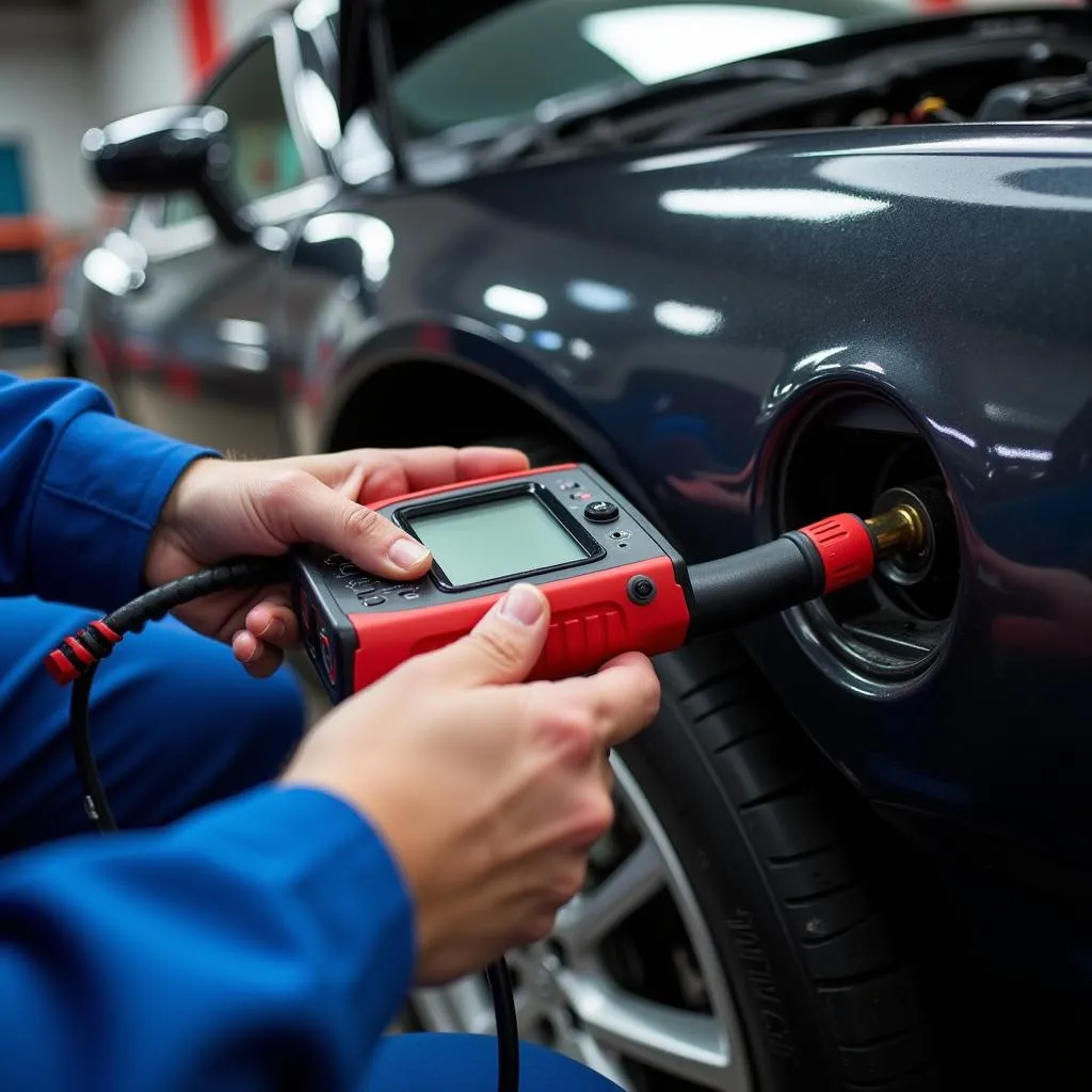 Mechanic Using Dealer Scanner to Diagnose Car Electrical System