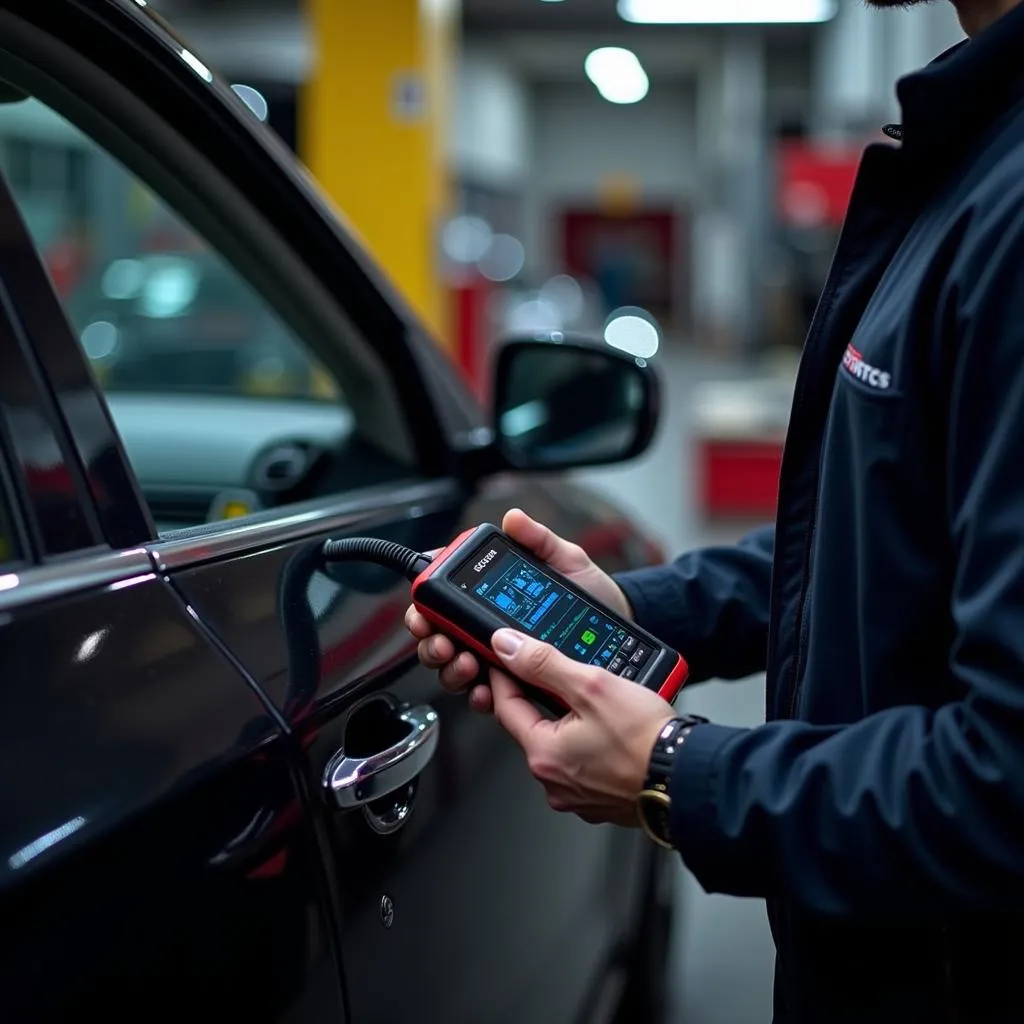 Mechanic Using Diagnostic Scanner on Car