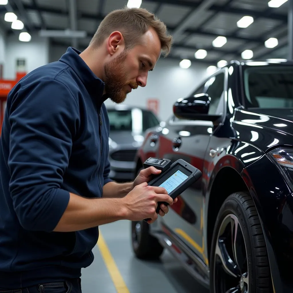 Mechanic using a diagnostic scanner on a European car