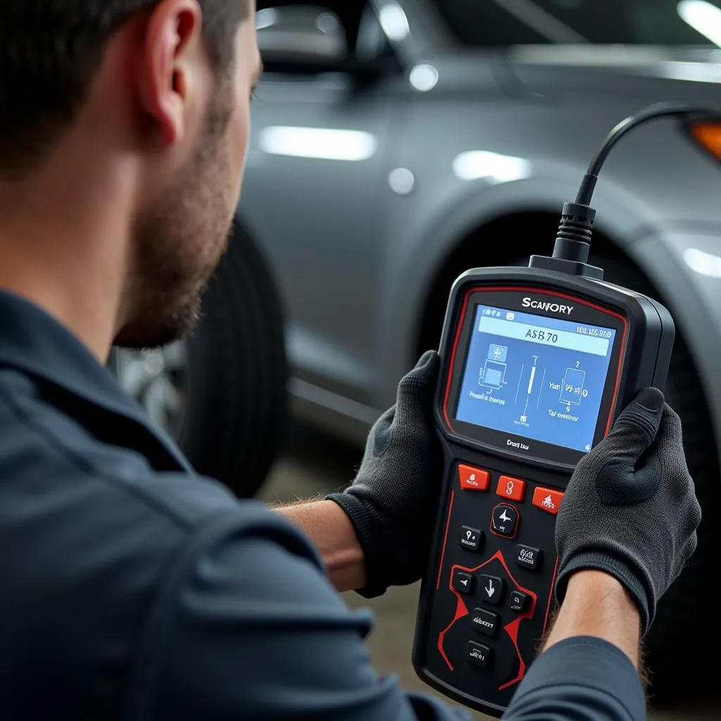 Mechanic Diagnosing a Car with a Professional Scan Tool