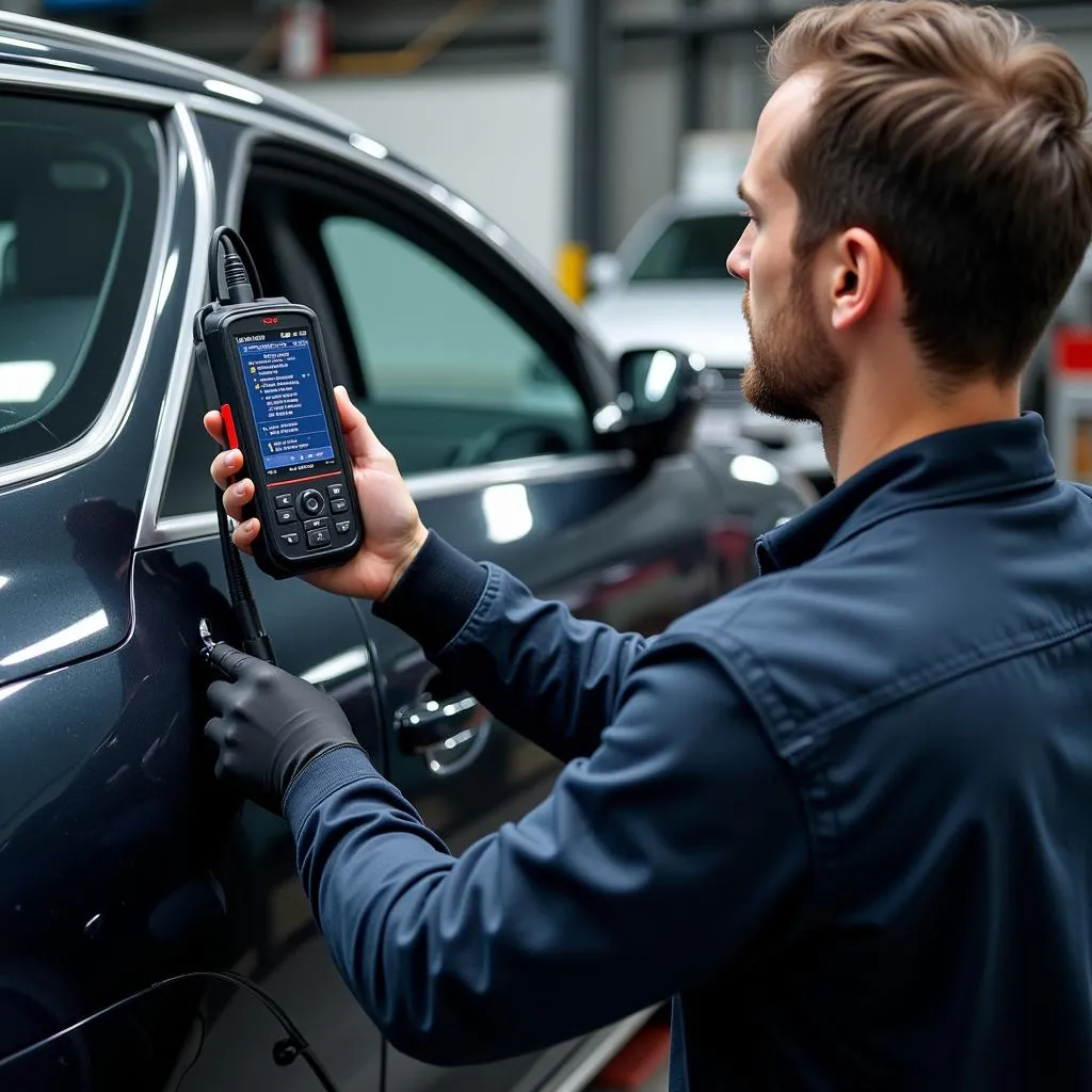 Skilled mechanic utilizing advanced diagnostic tools on a German car.