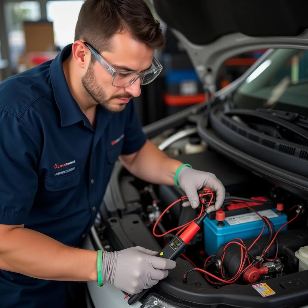 Mechanic Using a Digital Multimeter