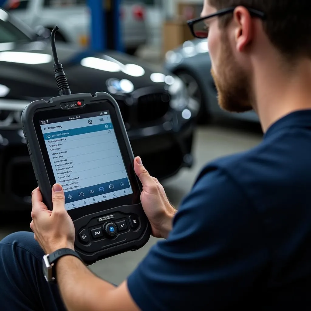 Mechanic using Drivedeck OBD to diagnose an engine problem on a European car