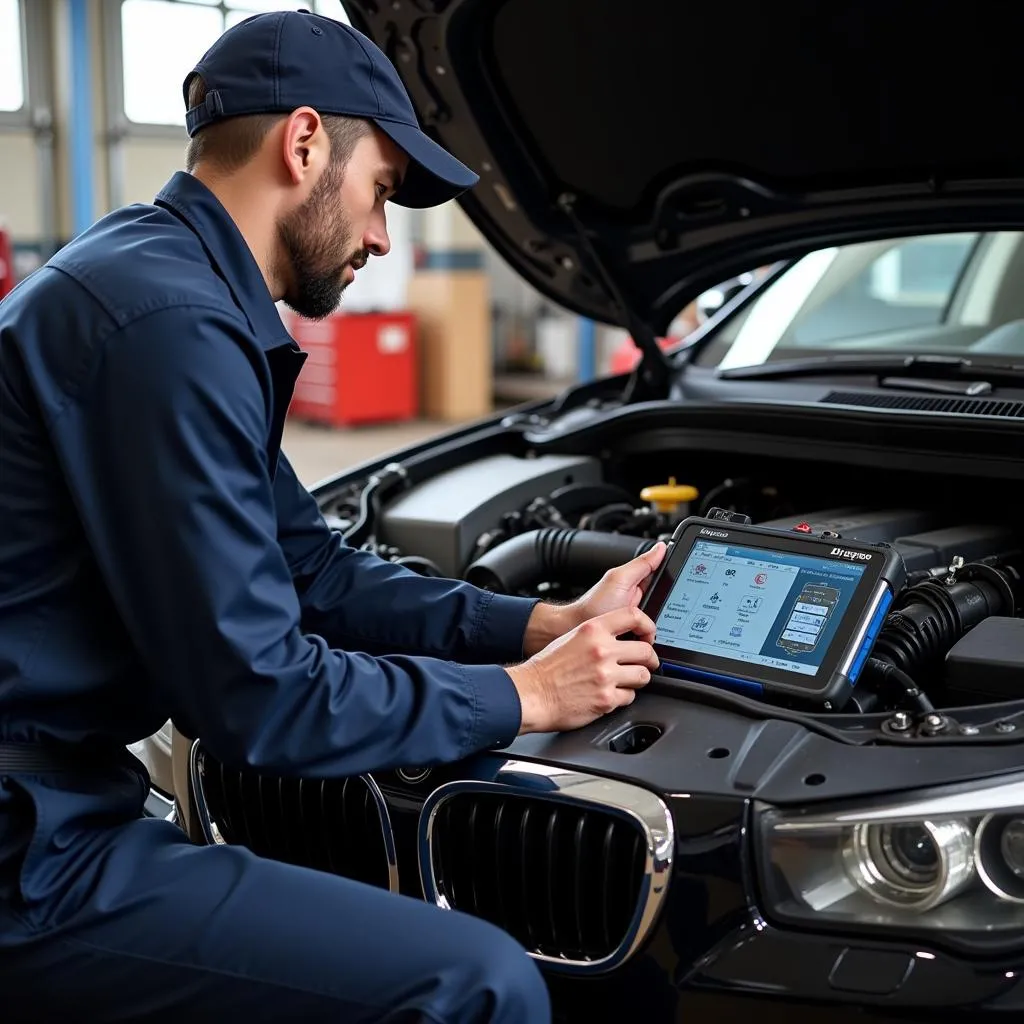 Mechanic Diagnosing Car Issue with Dyspo OBD Scanner