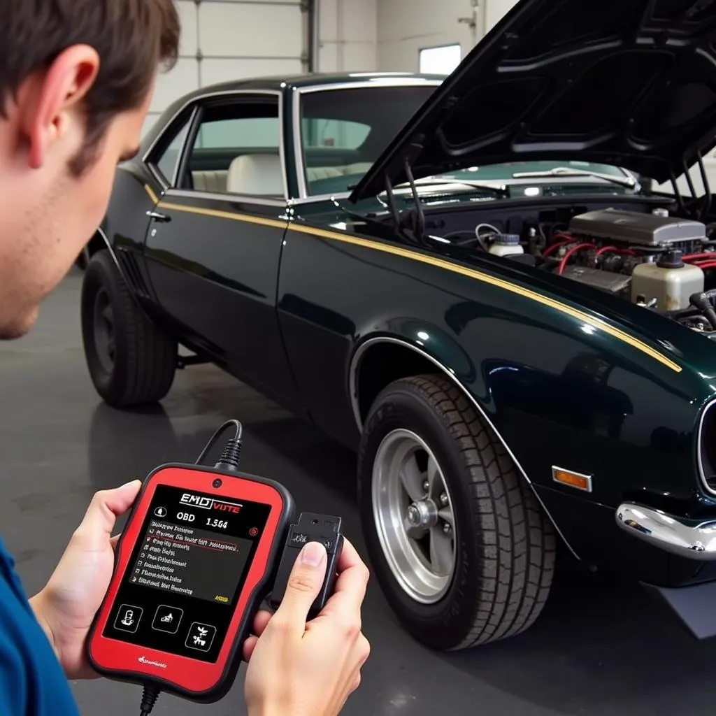 Mechanic Diagnosing Classic GM with OBD 1.5 Adapter Cable