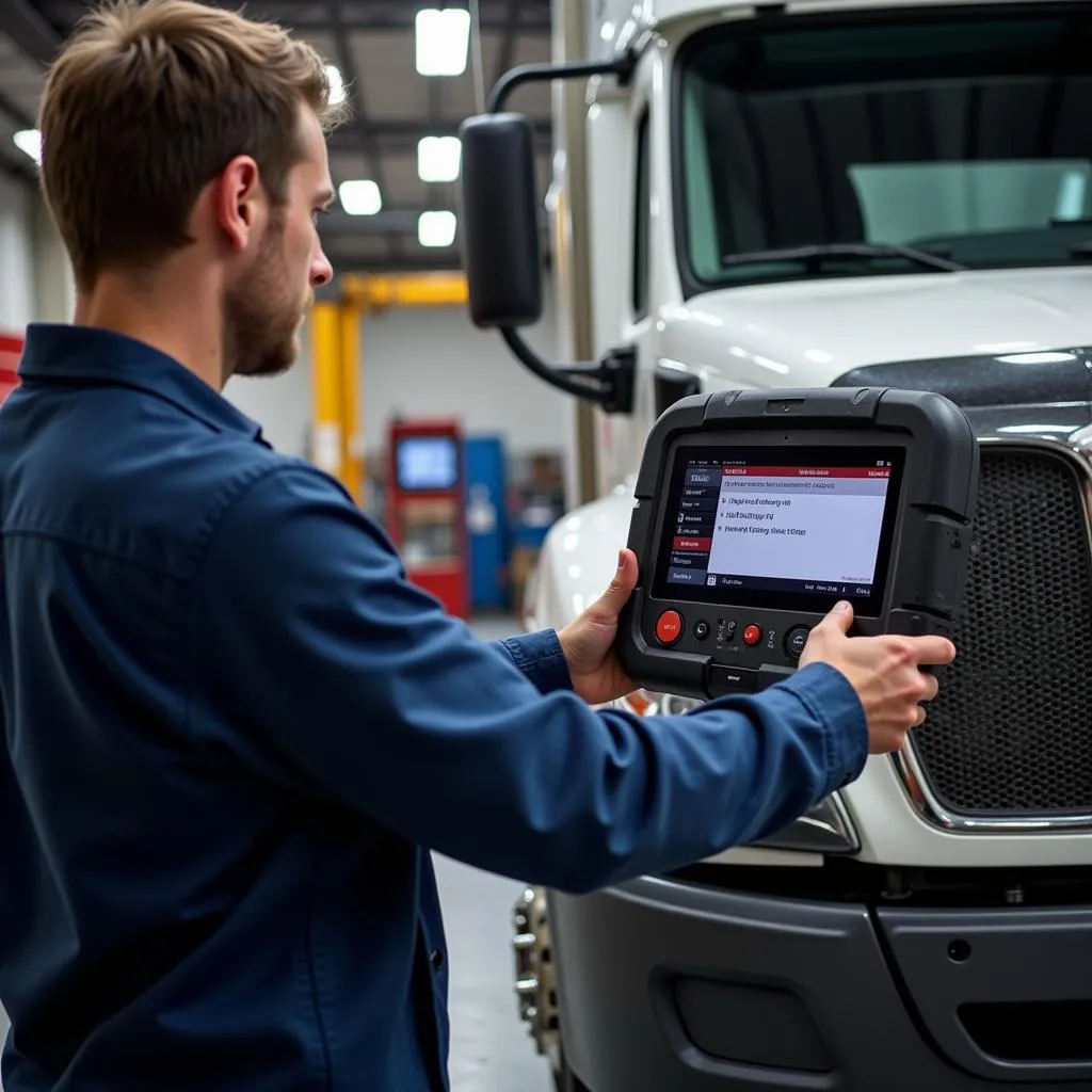 Mechanic Using a J1939 OBD Code Reader for Diagnostics