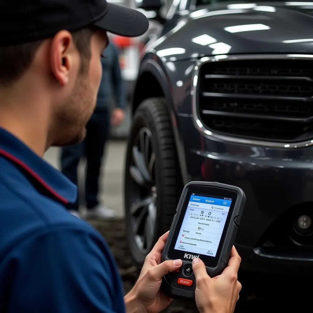 Mechanic Using Kiwi OBD Scanner for Diagnostics