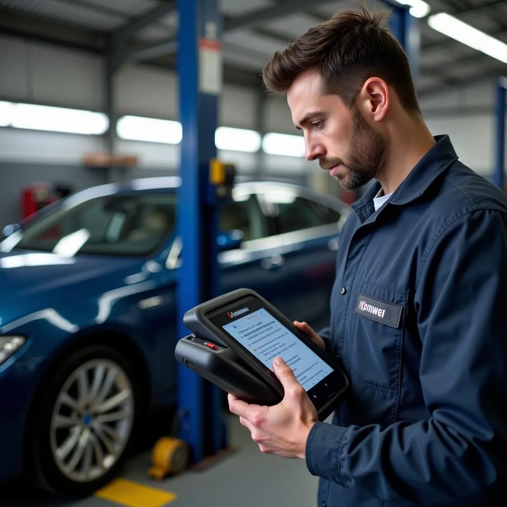 Mechanic Using Konnwei Scanner on European Car